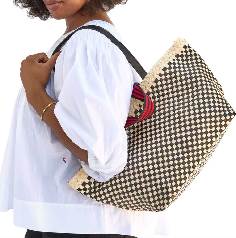 Clare V Bateau Tote Cream Black Woven Leather Bag